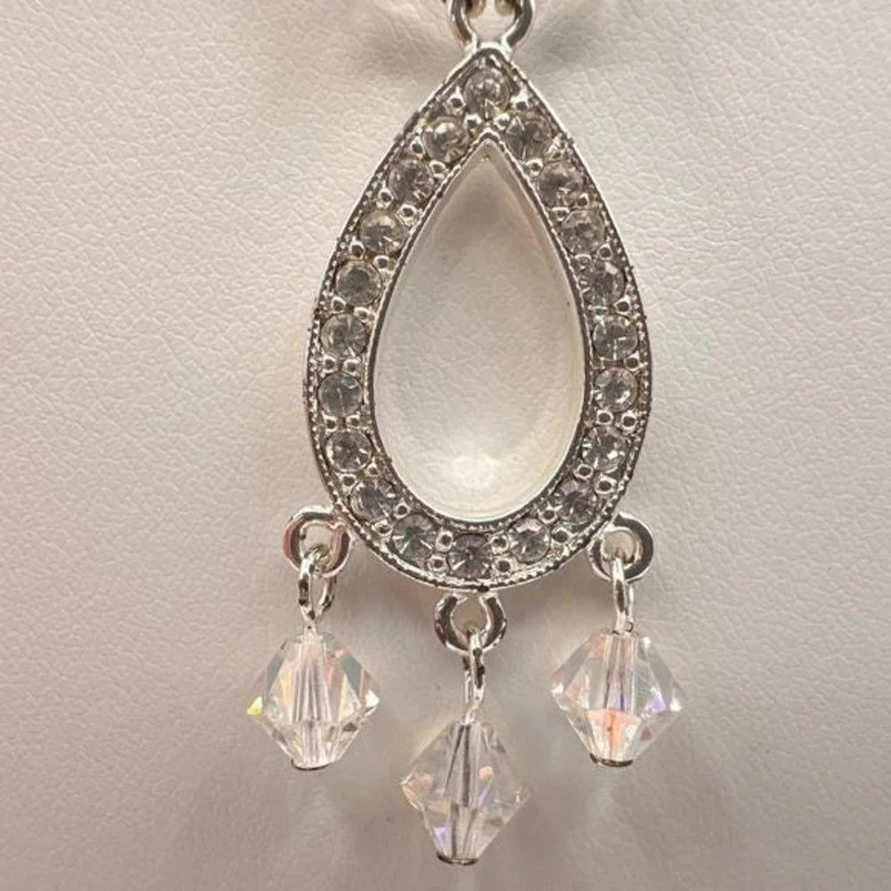 Vintage Y2K Silver Tone Rhinestone Teardrop Necklace AB Crystal‎ Dangle Jewelry